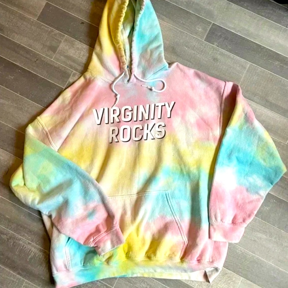 Virginity Rocks tie dye sweatshirt